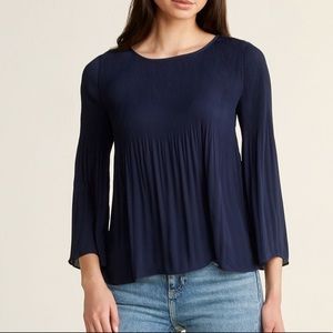 Max Studio Women's Pleat 3/4 Sleeve Navy Top